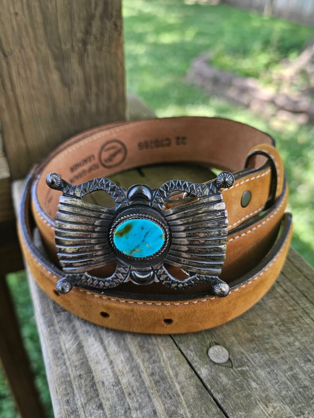 Western Brown Silver Creek Leather Belt ELB Sterling Buckle Turquoise Signed USA